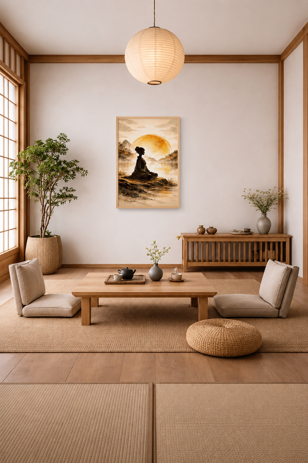 Meditation wall art poster with light wood frame displayed in a Japandi tea room with tatami mats and minimalist decor.