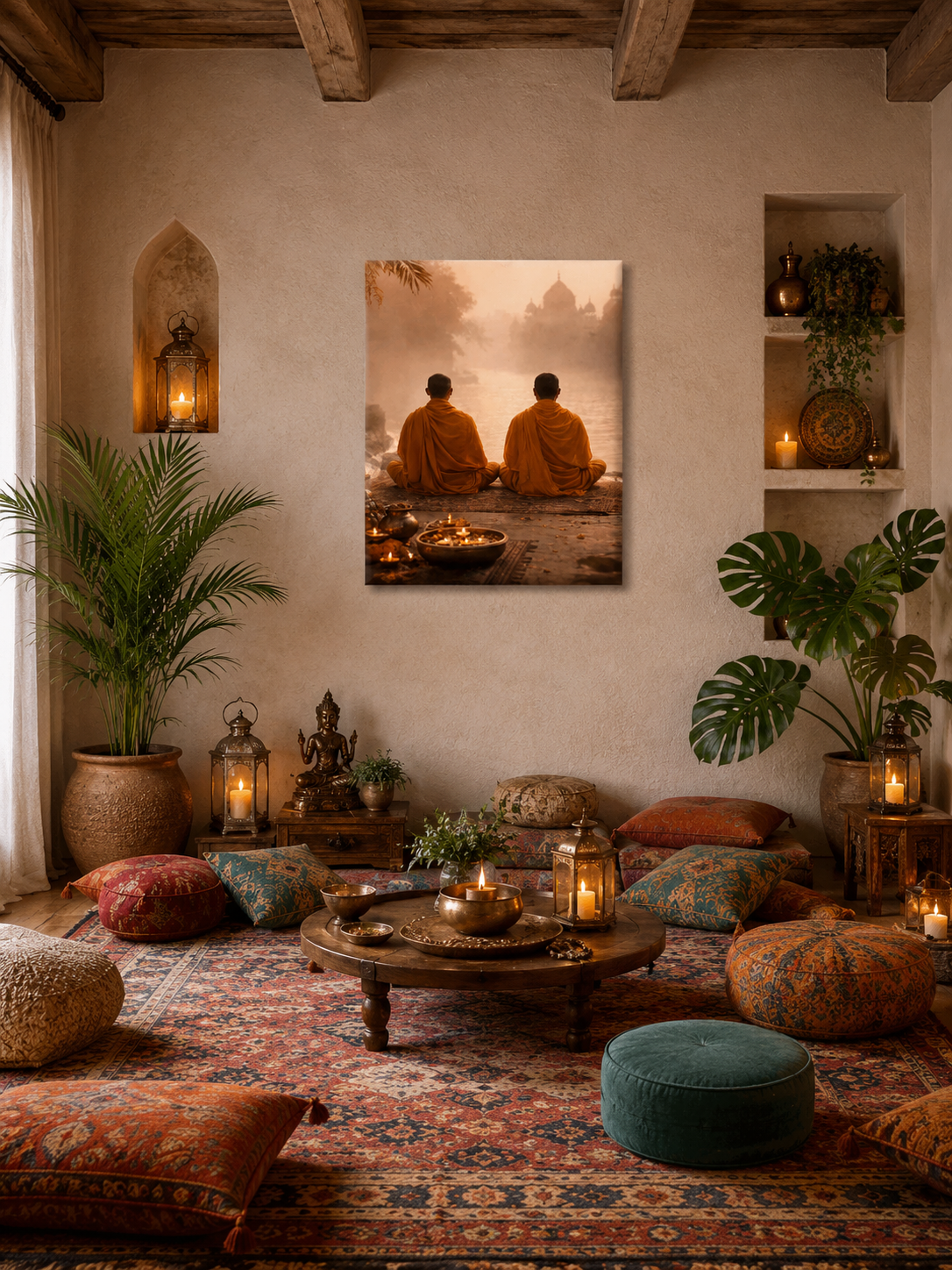 Relaxation meditation room with floor cushions, candles and monks canvas wall art