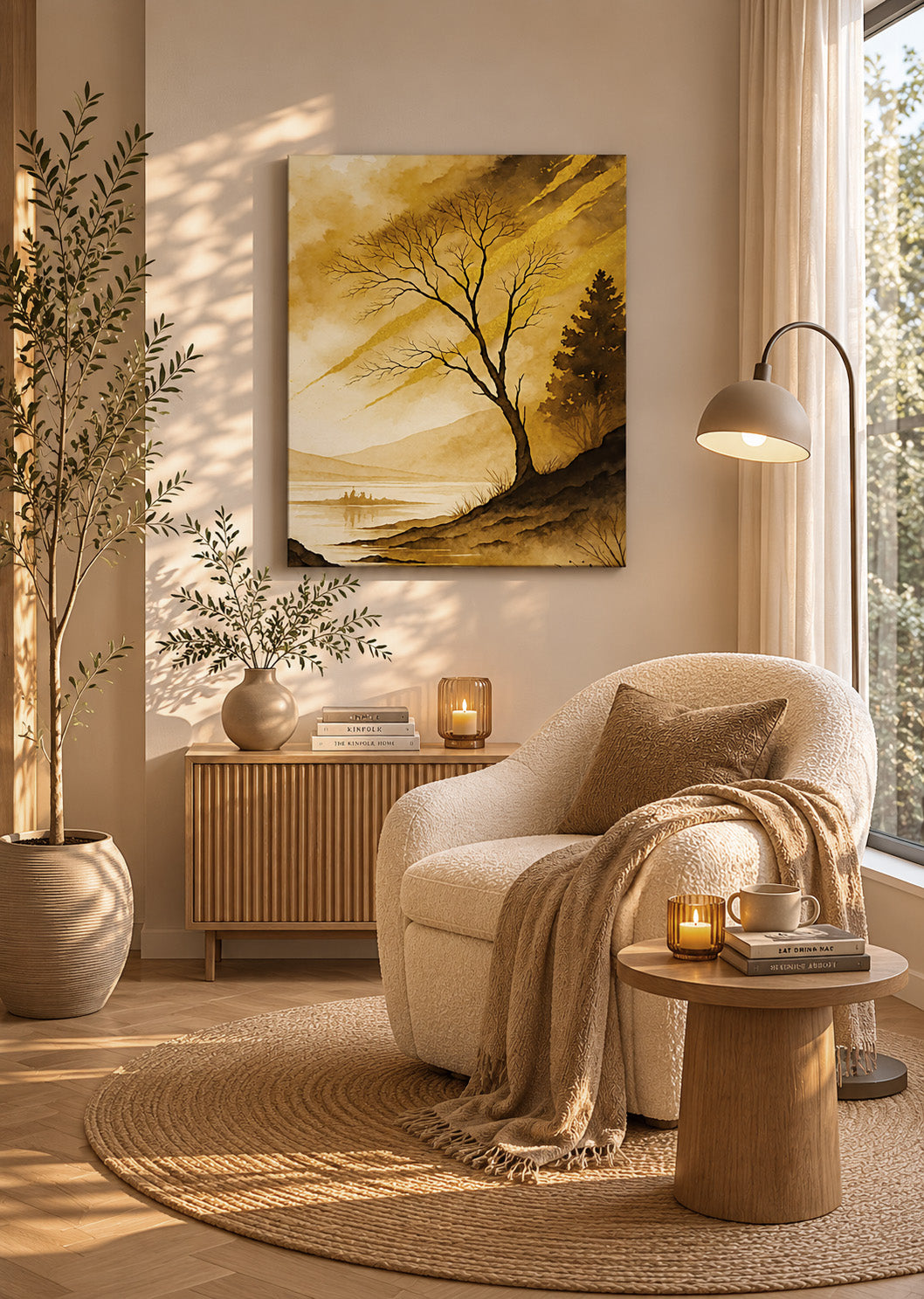 Minimal meditation room mockup with golden landscape canvas wall art in calm zen interior