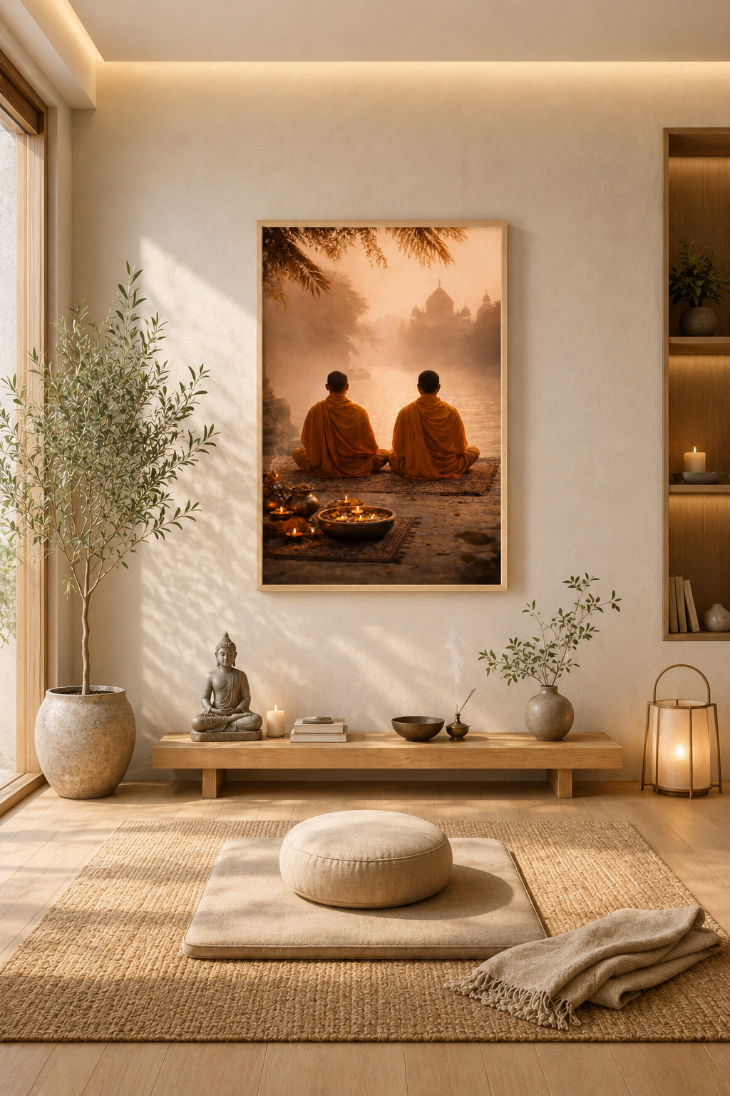 Meditation room mockup featuring monk wall art poster in a light wood frame above floor cushion seating in a bright minimalist zen interior.