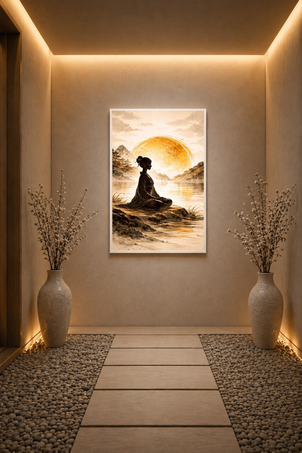Meditation wall art poster with white frame in a minimalist zen interior featuring stone pathway, soft lighting and decorative vases.