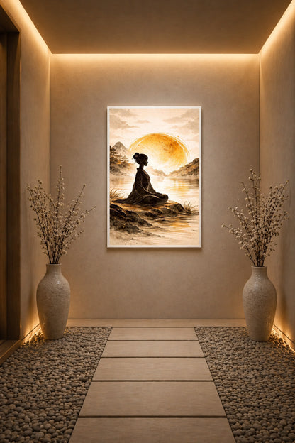 Meditation wall art poster with white frame in a minimalist zen interior featuring stone pathway, soft lighting and decorative vases.