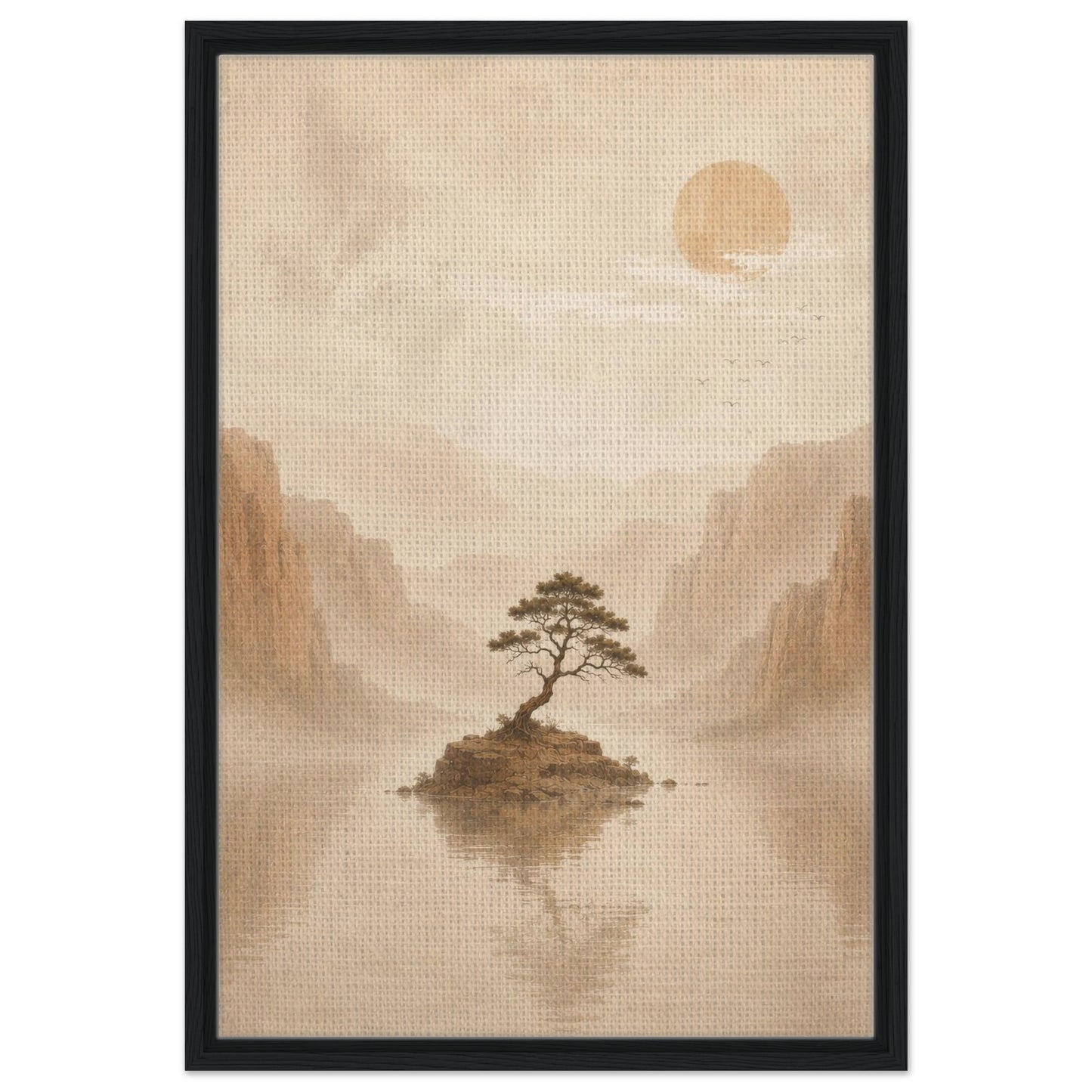 Meditative landscape art with solitary tree misty valley and muted sun