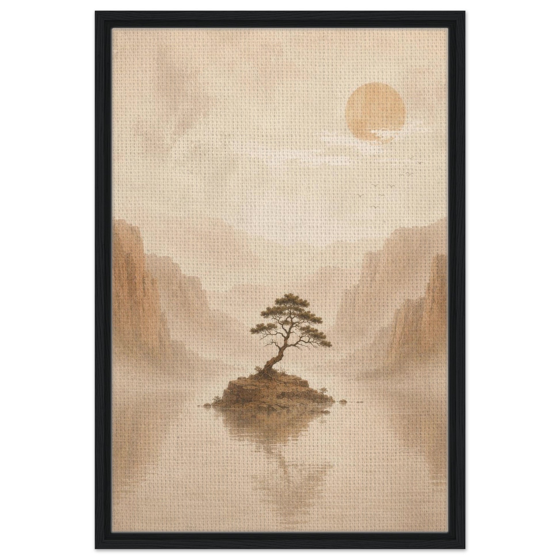 Meditative landscape art with solitary tree misty valley and muted sun
