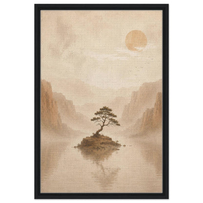 Meditative landscape art with solitary tree misty valley and muted sun