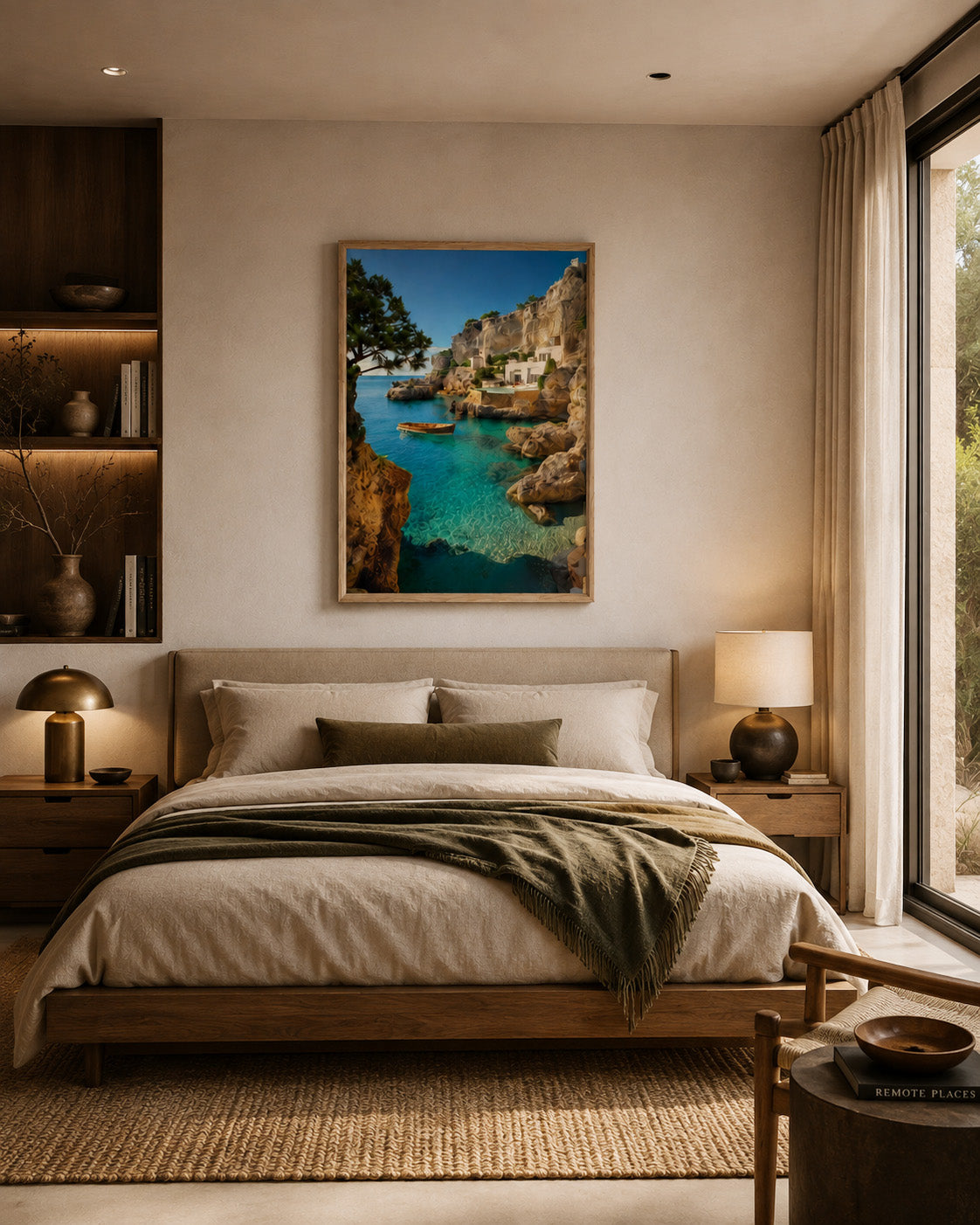 Mediterranean sea and rocky coast framed canvas displayed in a modern bedroom