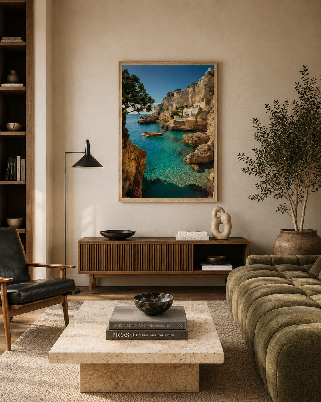 Mediterranean coastal framed canvas displayed in an elegant contemporary living room