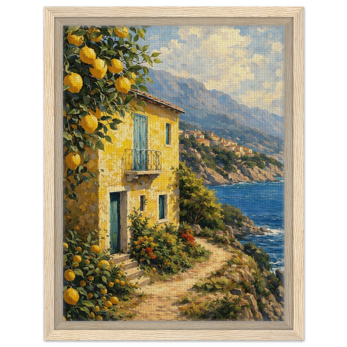 Mediterranean seaside house and lemon trees canvas finished with a natural wood frame