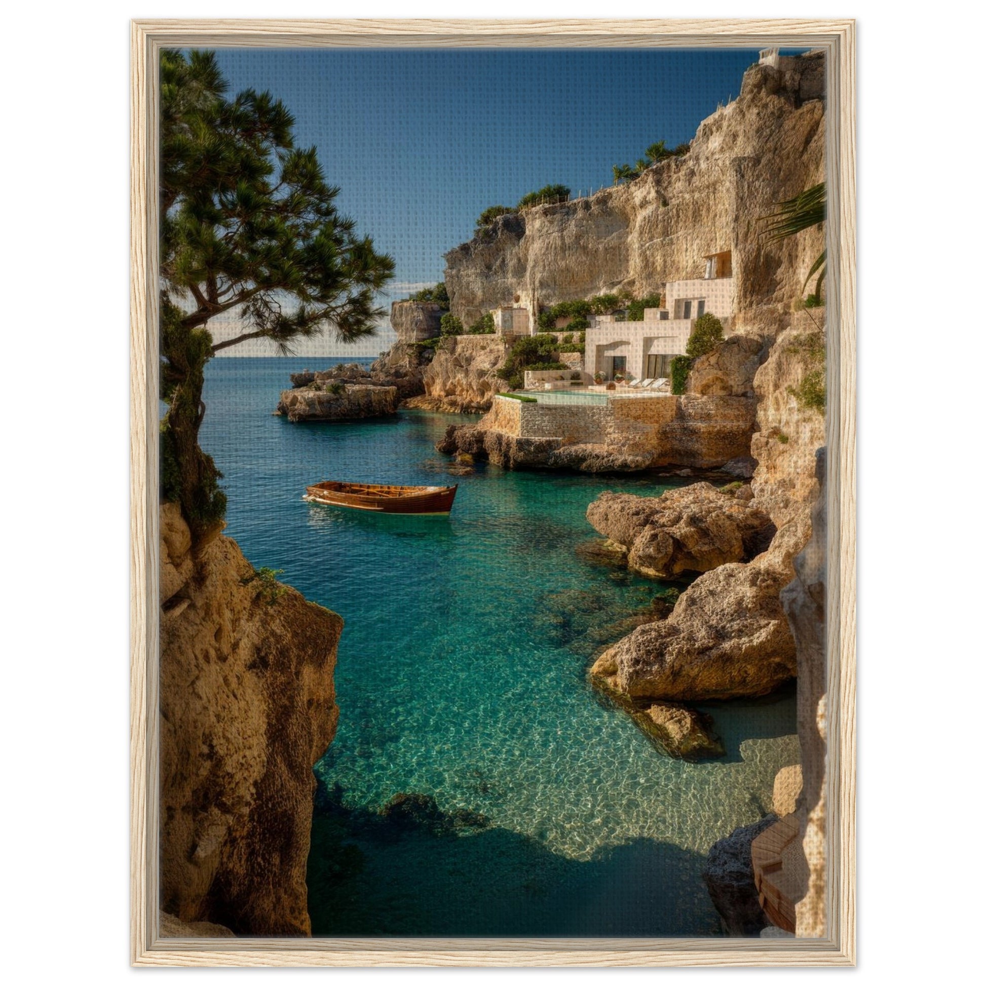 Mediterranean coastal cove framed canvas wall art with turquoise sea, cliffs and wooden boat