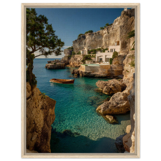 Mediterranean coastal cove framed canvas wall art with turquoise sea, cliffs and wooden boat