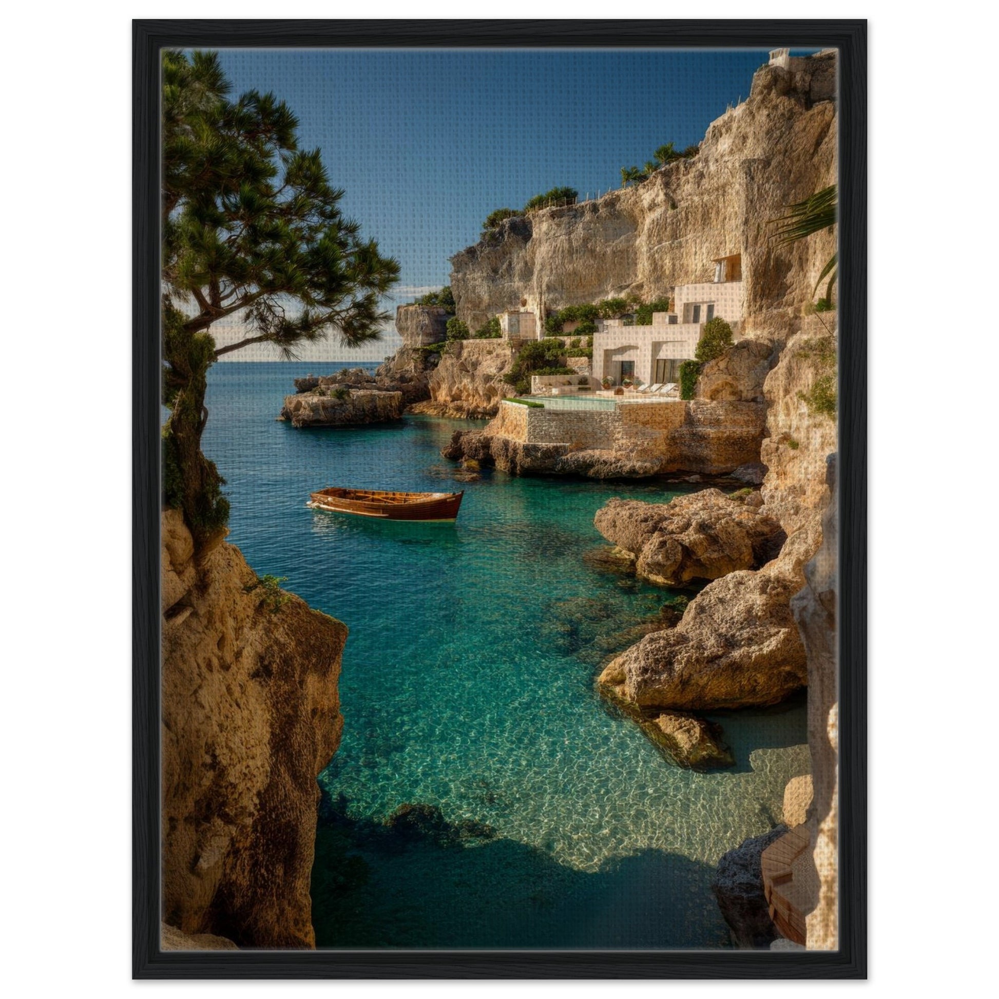 Mediterranean coastal cove canvas wall art presented in a modern black frame