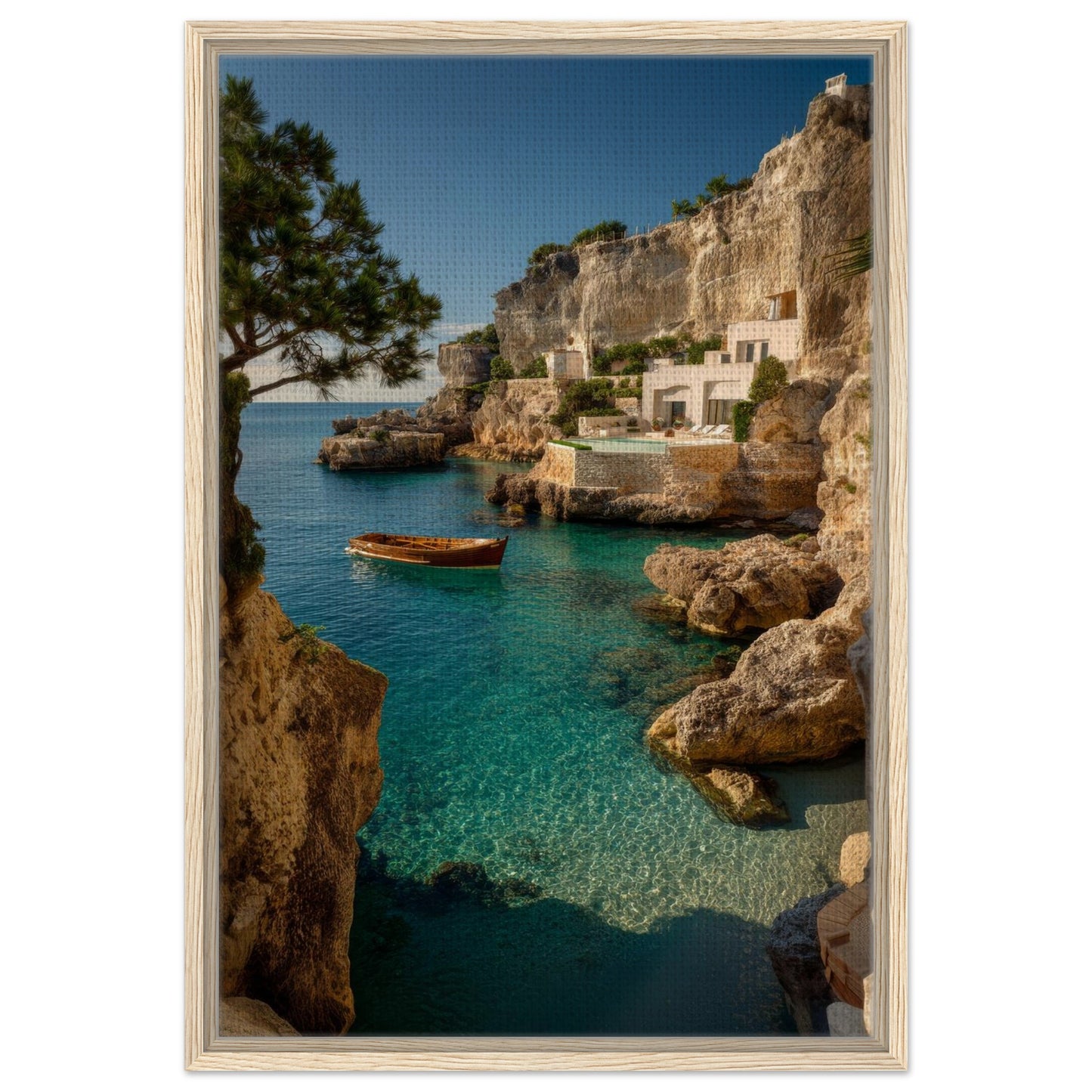 Sunlit Mediterranean cove canvas artwork finished with a blonde wood frame