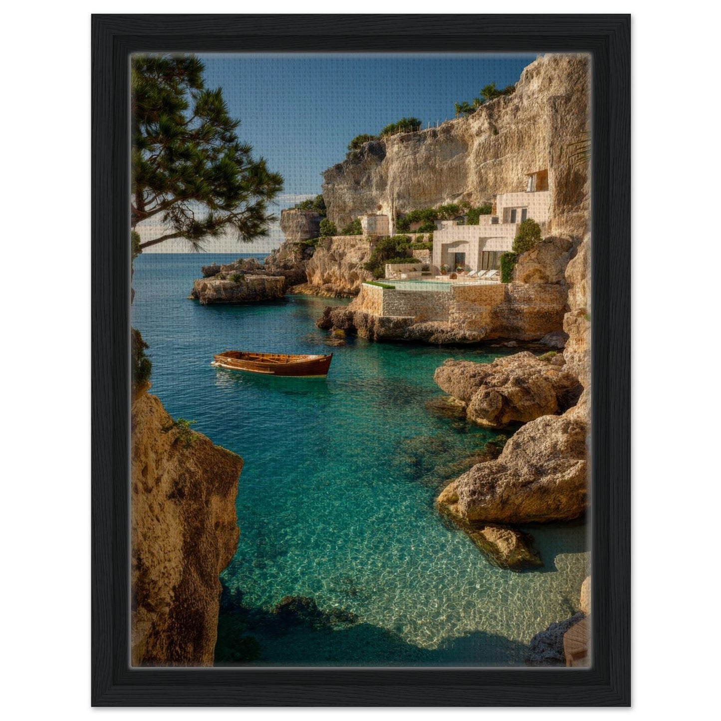 Mediterranean turquoise sea canvas print presented in a charcoal black frame