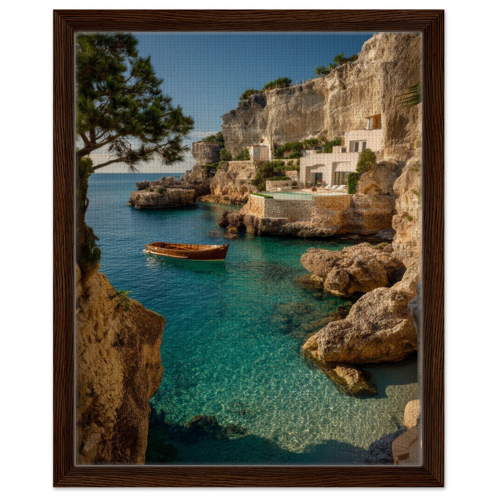 Mediterranean cliffside and turquoise water canvas artwork in a dark walnut frame