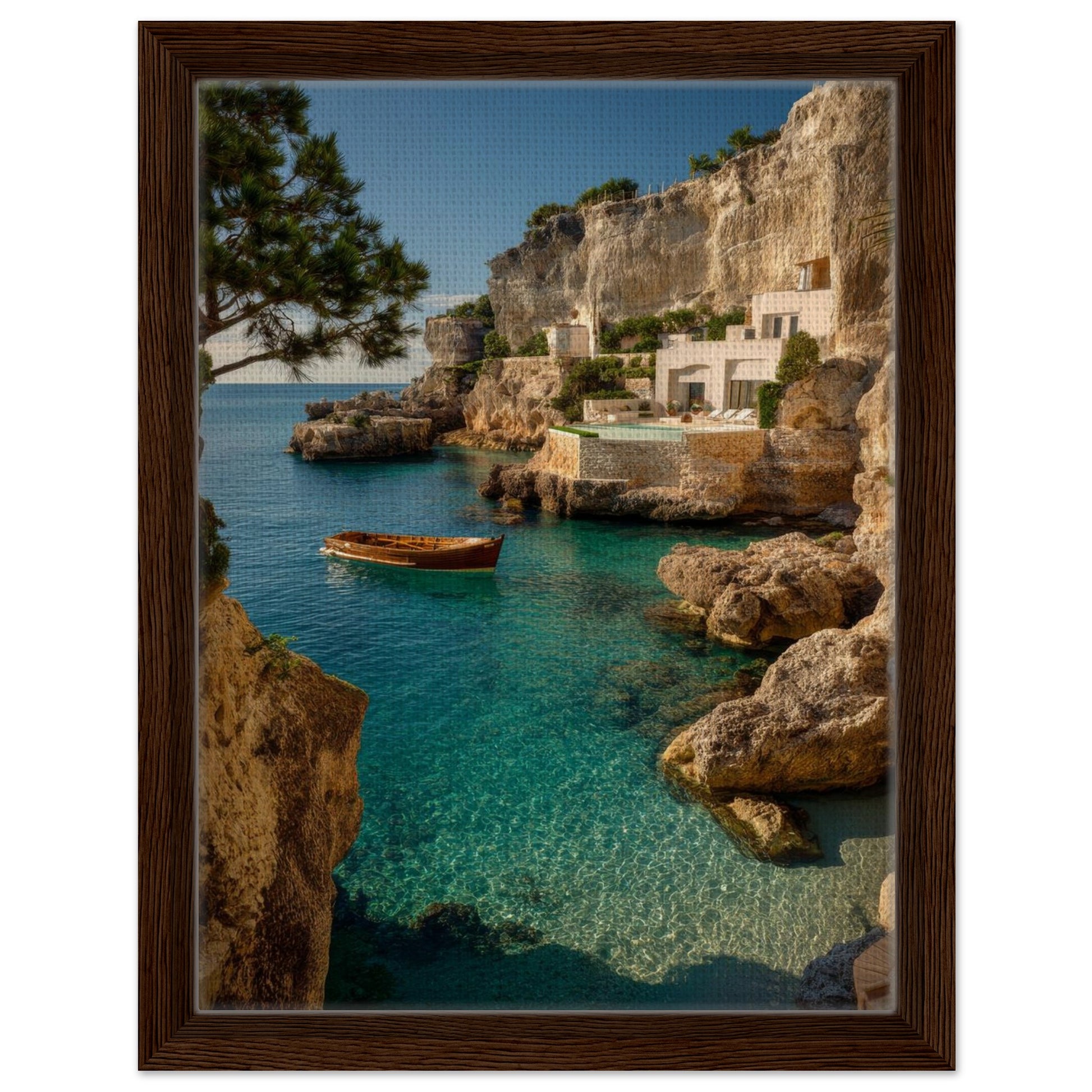 Rocky Mediterranean coastline canvas wall art surrounded by a deep walnut frame