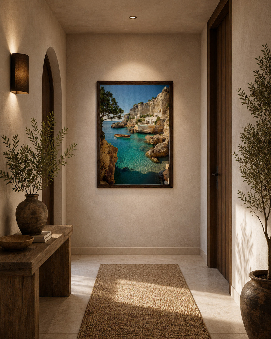 Turquoise coastal cove framed canvas displayed in a warm minimalist hallway