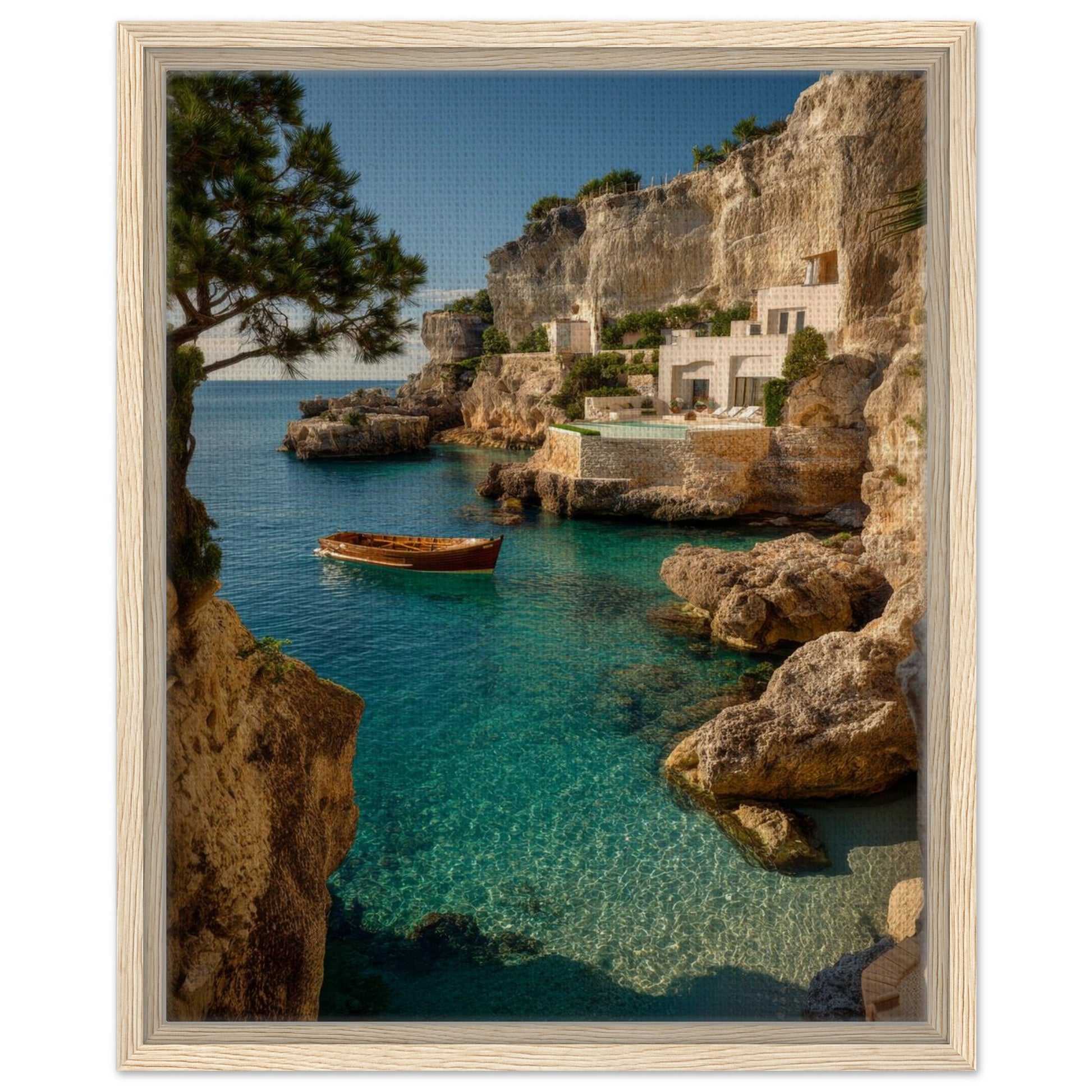 Turquoise Mediterranean sea canvas print finished with a light natural wood frame