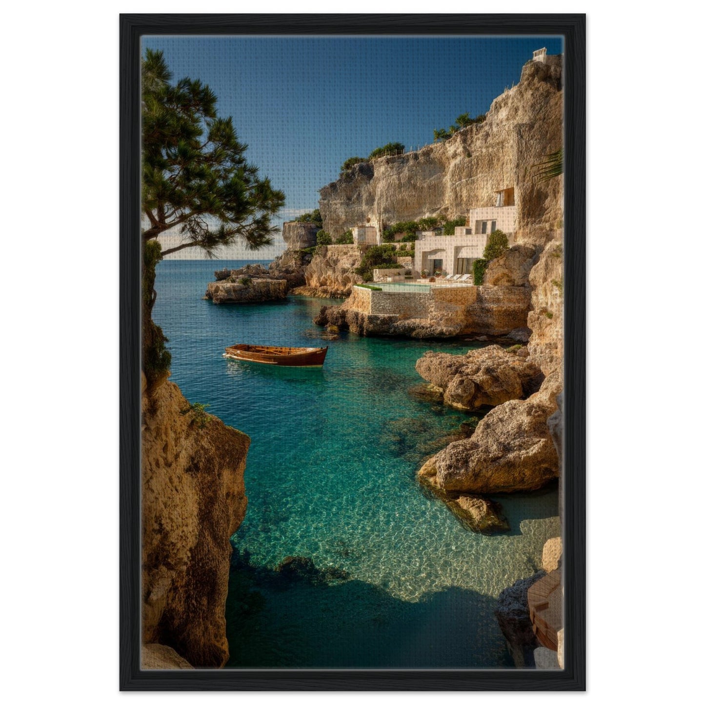 Coastal Mediterranean landscape wall art finished with a matte black canvas frame
