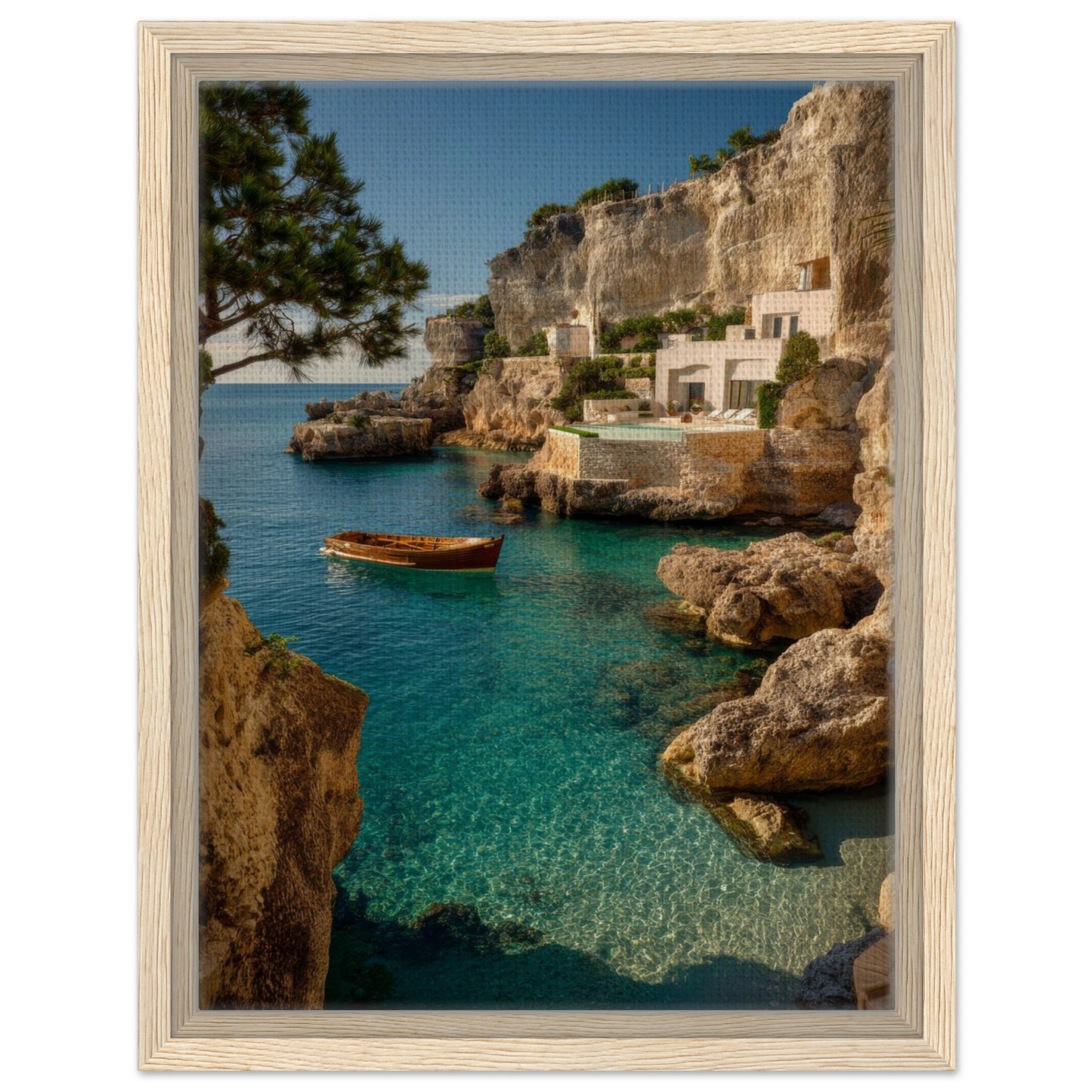 Mediterranean coastal landscape canvas wall art presented in a natural wood frame