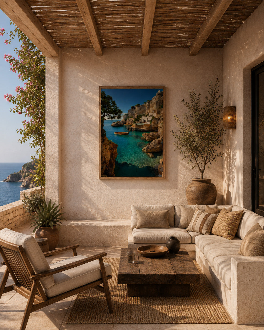 Turquoise Mediterranean cove canvas displayed in a bright relaxed living room