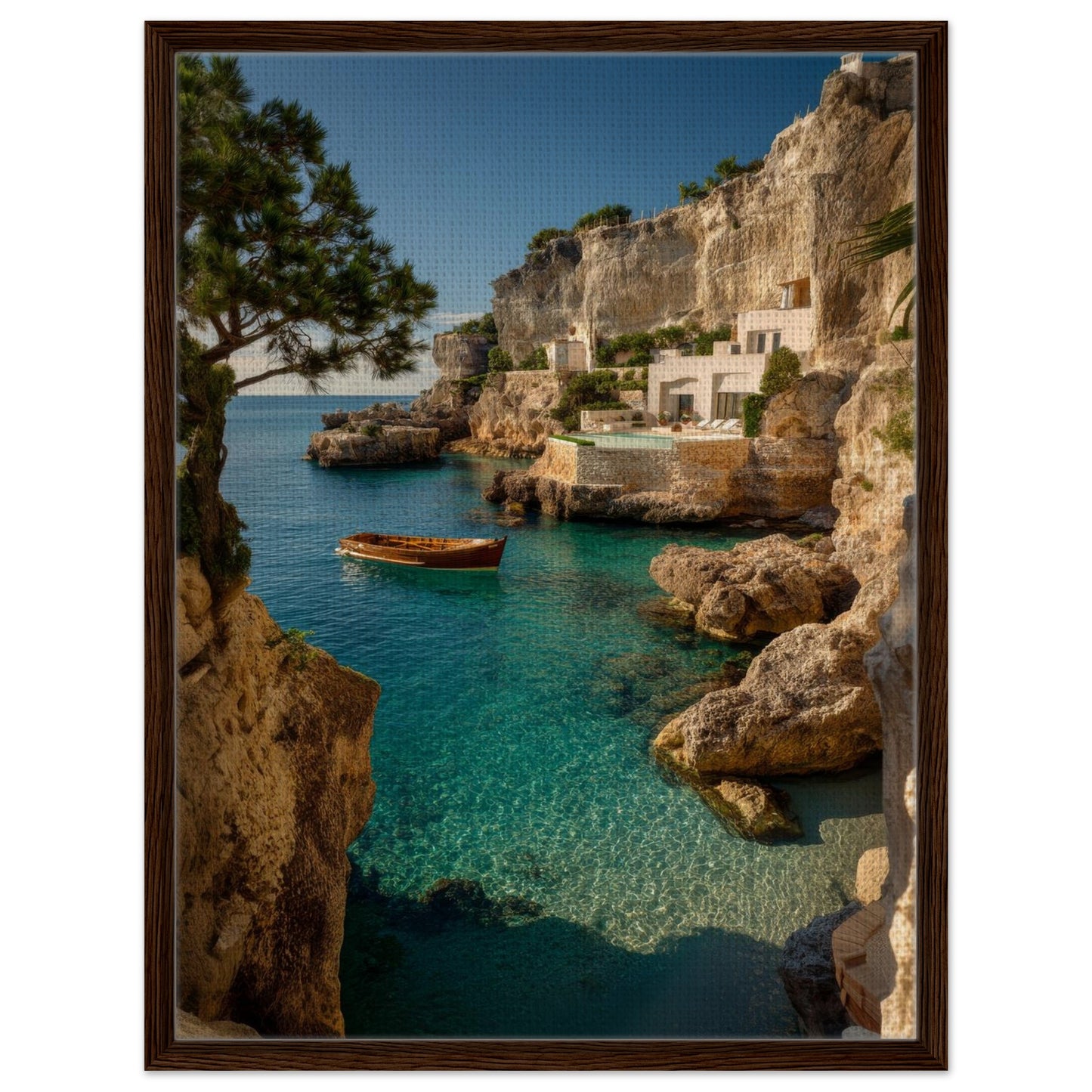 Mediterranean cove with turquoise water and boat canvas in a rich brown wood frame