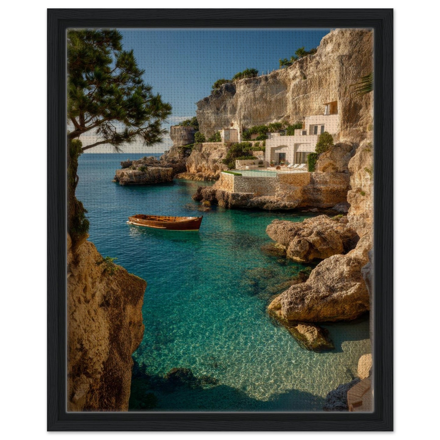 Mediterranean cliffside sea view wall art presented in a slim black floating frame