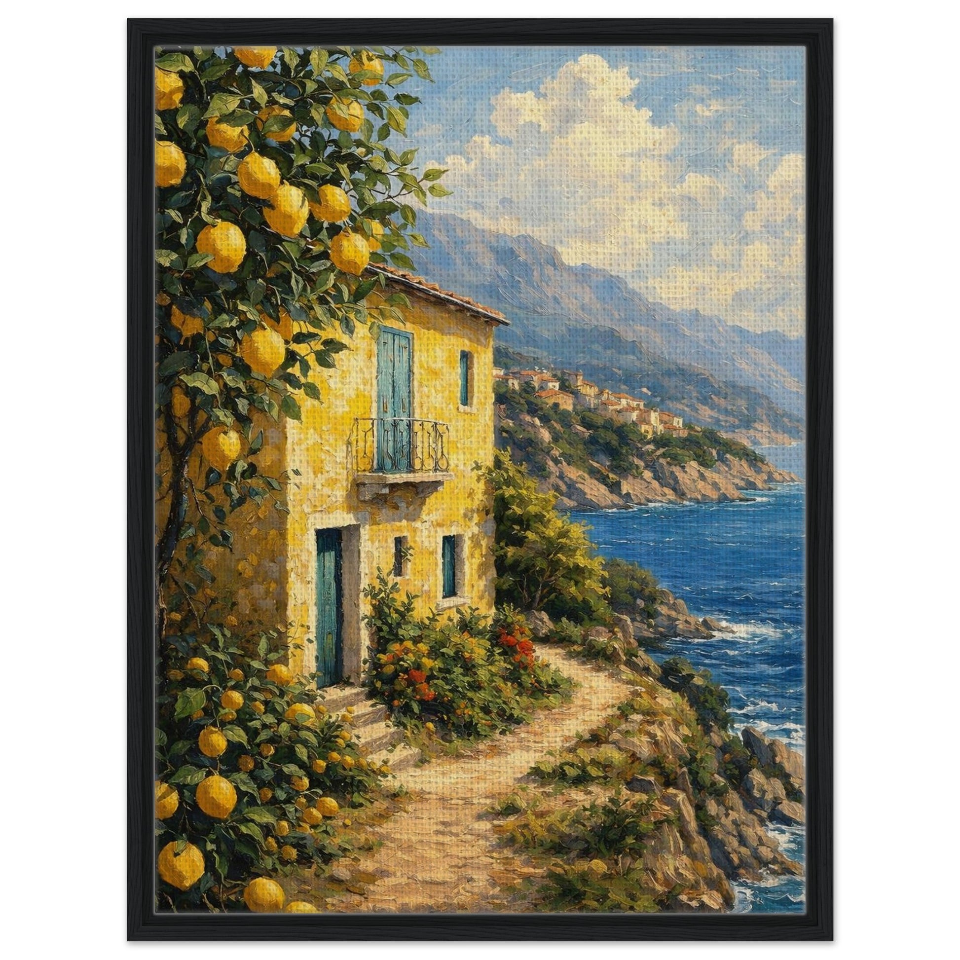 Mediterranean lemon grove and seaside cottage artwork in a charcoal floating frame
