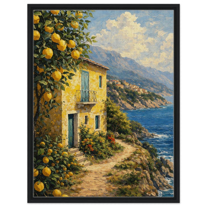 Mediterranean lemon grove and seaside cottage artwork in a charcoal floating frame