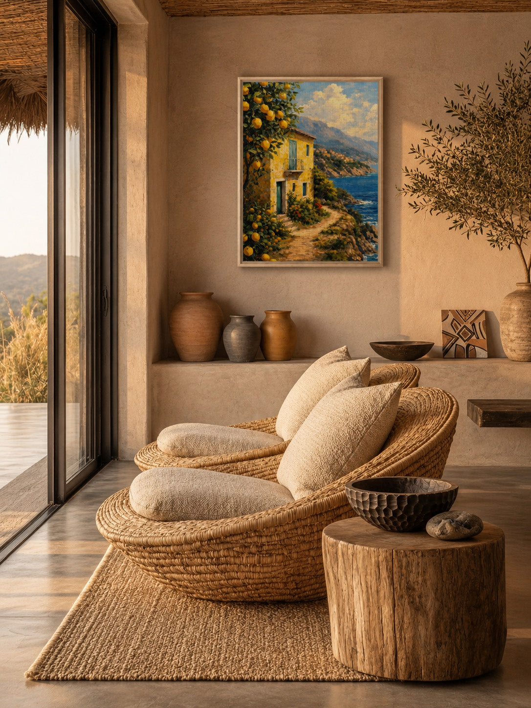 Mediterranean lemon tree and seaside house framed canvas displayed in a warm relaxation room