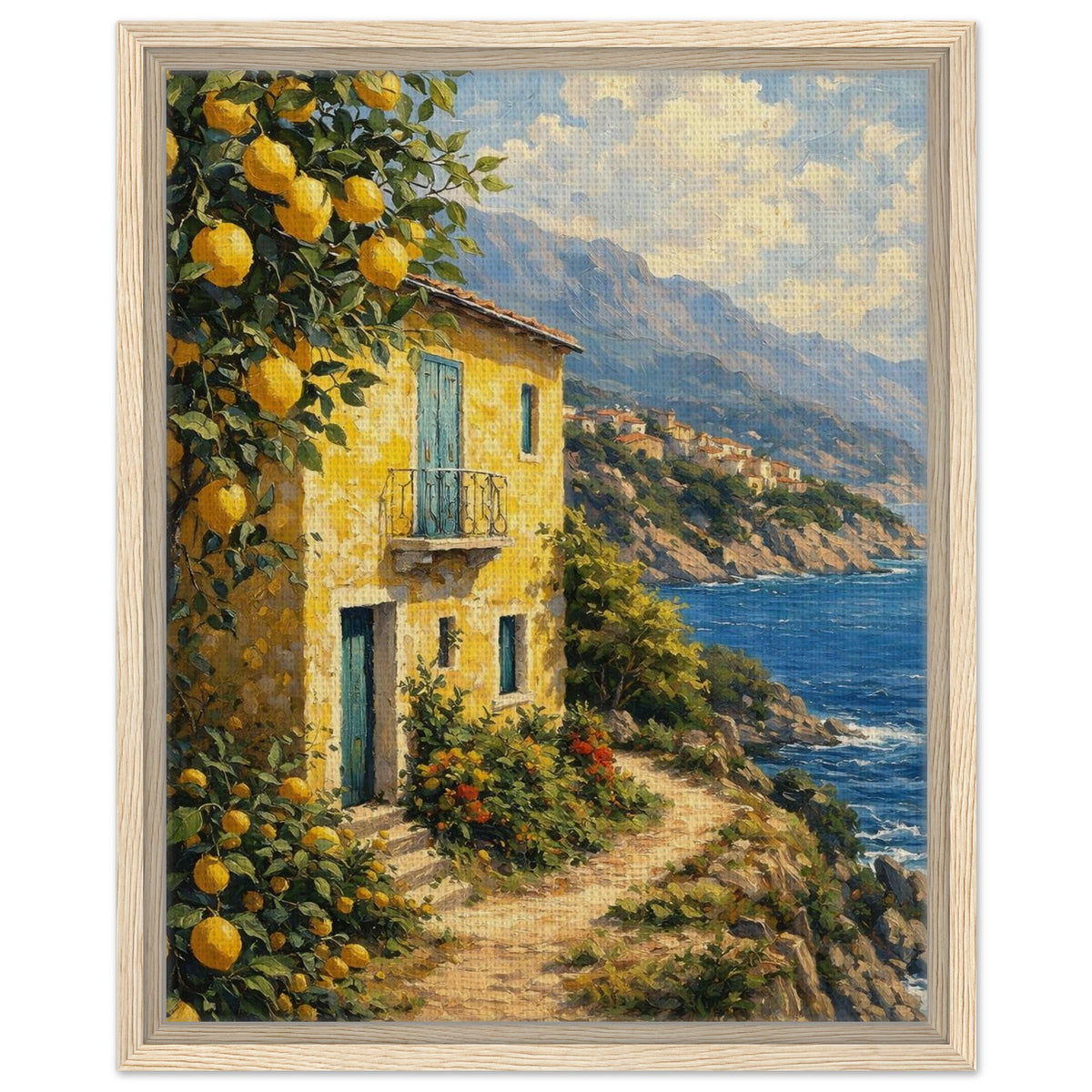 Mediterranean summer landscape canvas with lemon trees and blue sea in a blonde wood frame