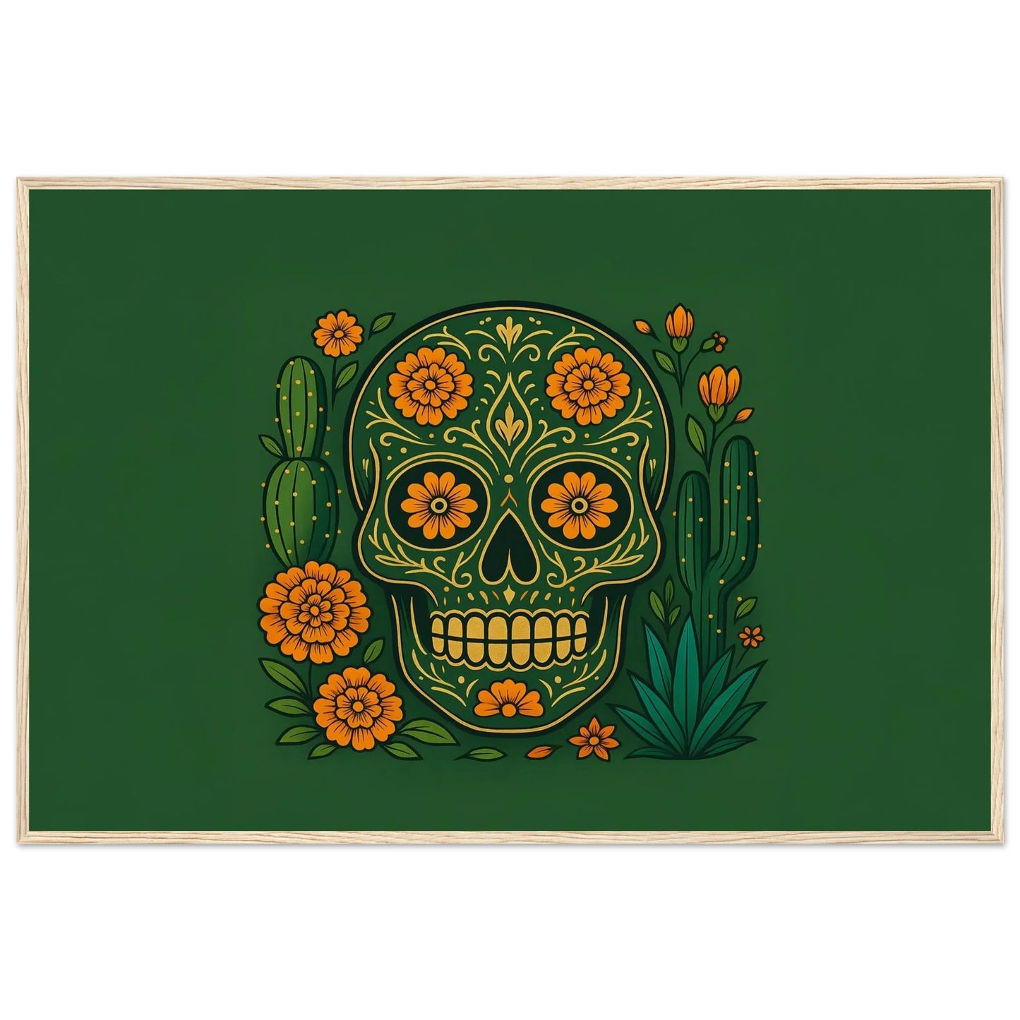 Framed folk illustration print of the floral sugar skull with marigolds and cacti