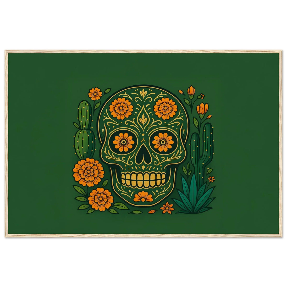 Framed folk illustration print of the floral sugar skull with marigolds and cacti