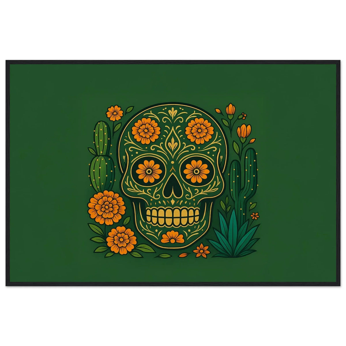 Mexica Aztec Bloom Mexican folk framed wall art with a sugar skull, marigolds and cacti on a deep green background, in a wooden frame