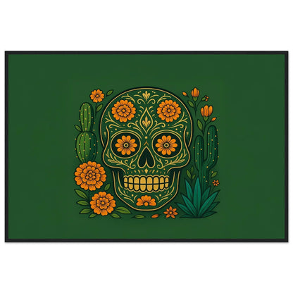 Mexica Aztec Bloom Mexican folk framed wall art with a sugar skull, marigolds and cacti on a deep green background, in a wooden frame