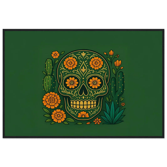 Mexica Aztec Bloom Mexican folk framed wall art with a sugar skull, marigolds and cacti on a deep green background, in a wooden frame