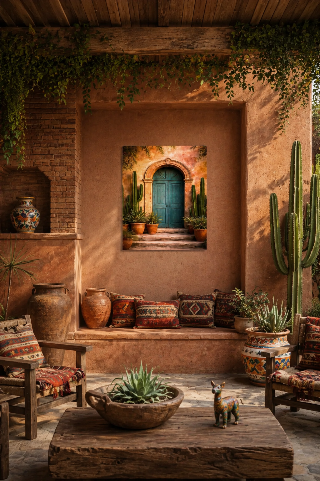 Realistic Mexican courtyard living room mockup with Mediterranean decor, rustic furniture and turquoise door canvas wall art print.