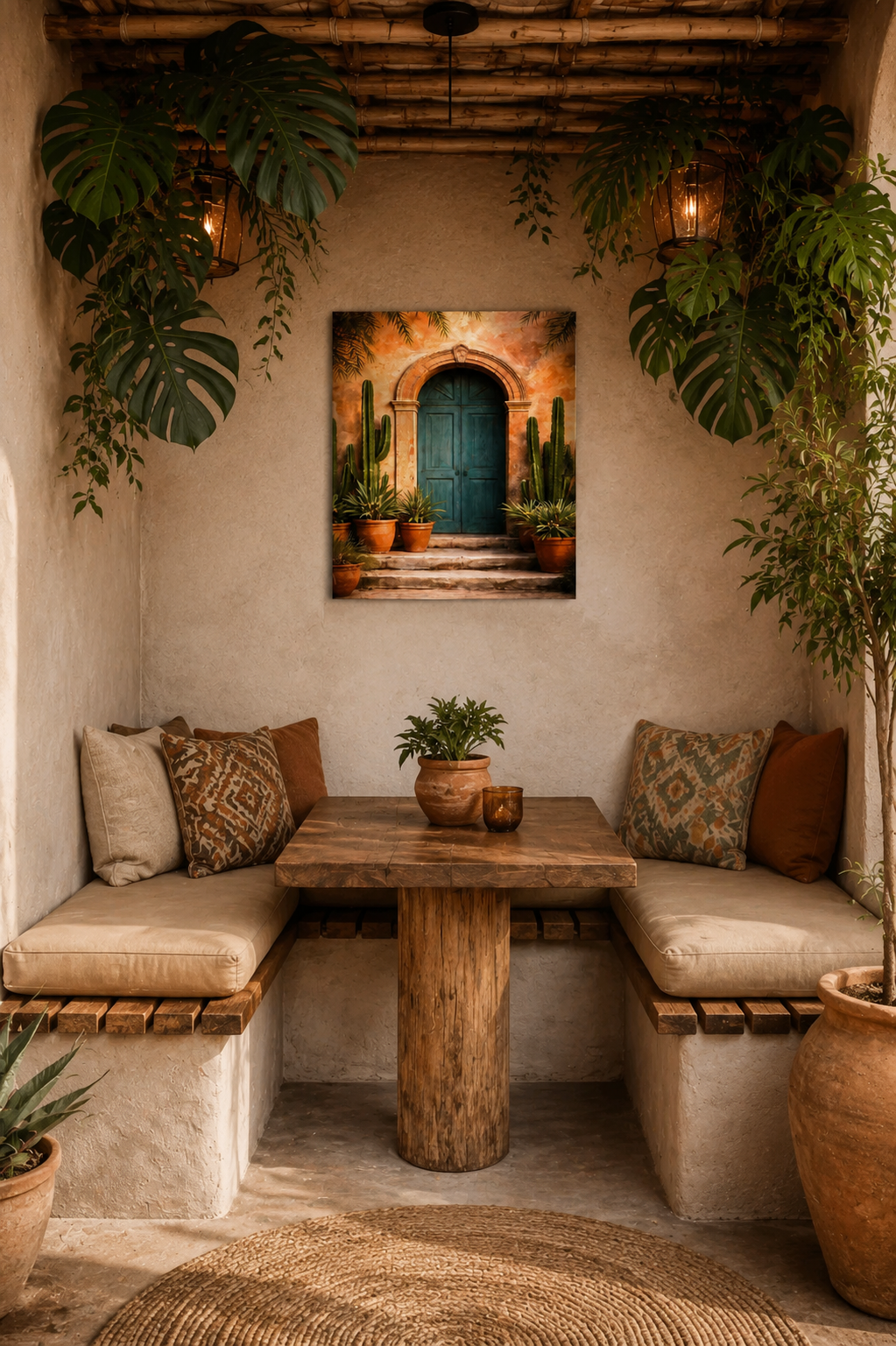 Cozy Mexican style seating nook with tropical plants, wooden table, earthy cushions and realistic turquoise door canvas print.