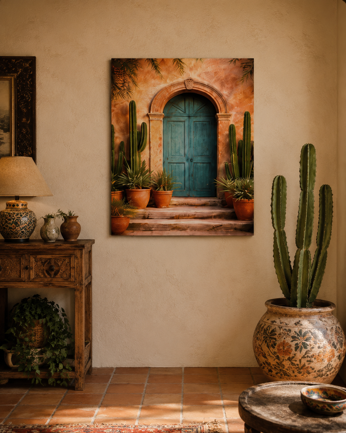 Mexican entryway interior with terracotta floor tiles, rustic console table, cactus pot and realistic canvas wall art.