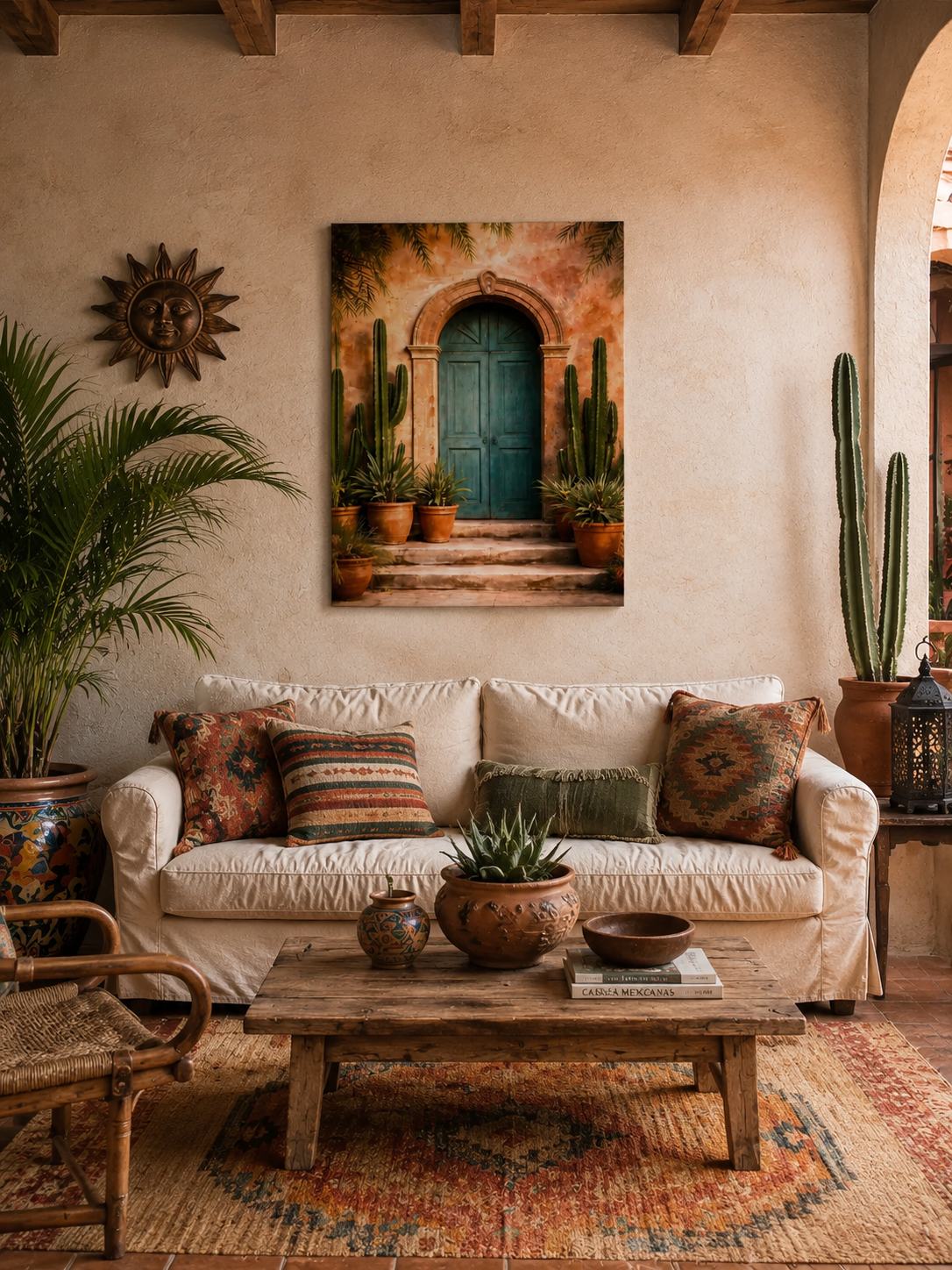 Mexican hacienda style living room with cactus decor, natural textures and realistic canvas print above sofa.