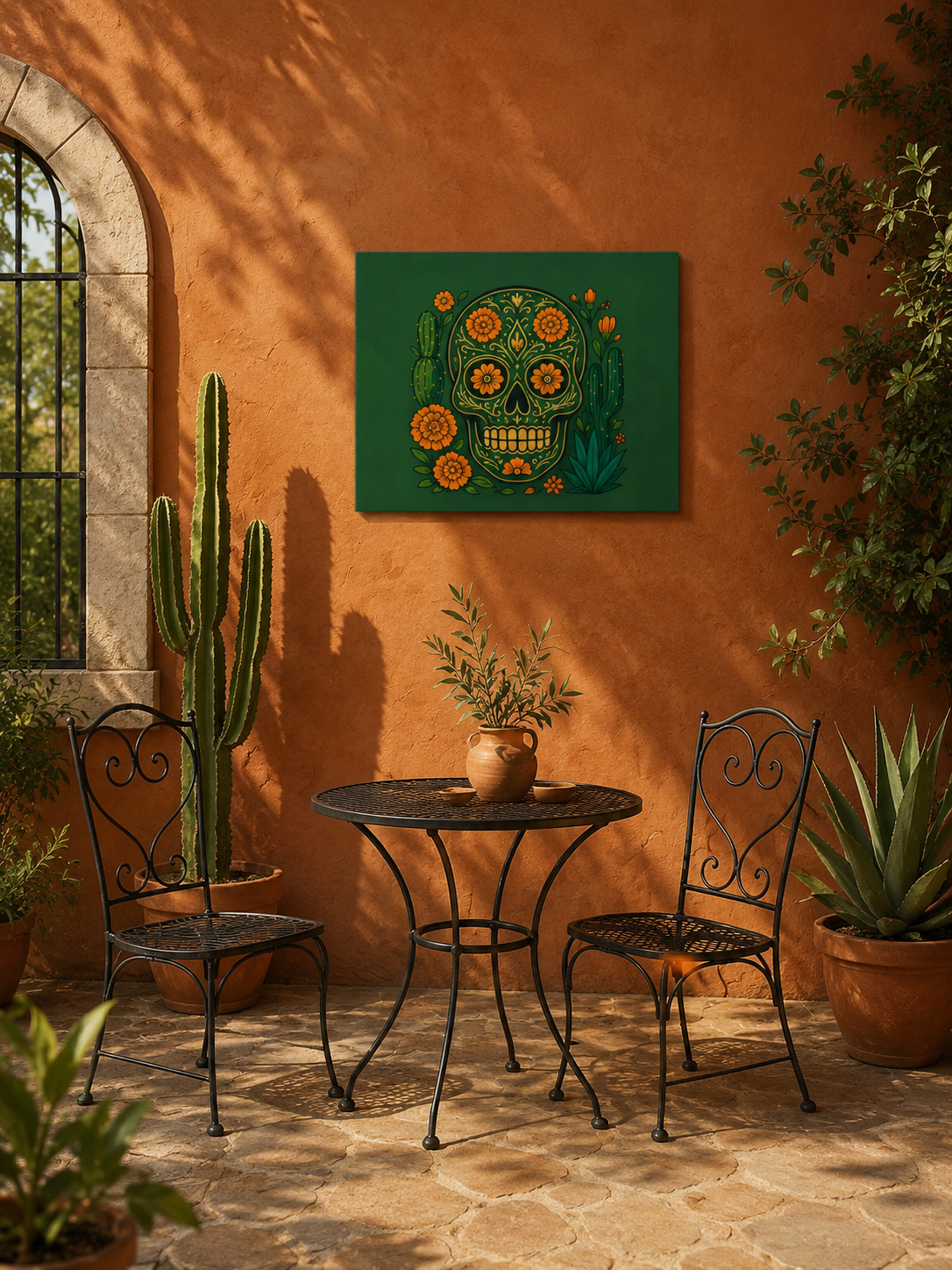 Sunlit Mexican patio mockup with terracotta walls, cactus plants and realistic 75×60 cm sugar skull canvas wall art.