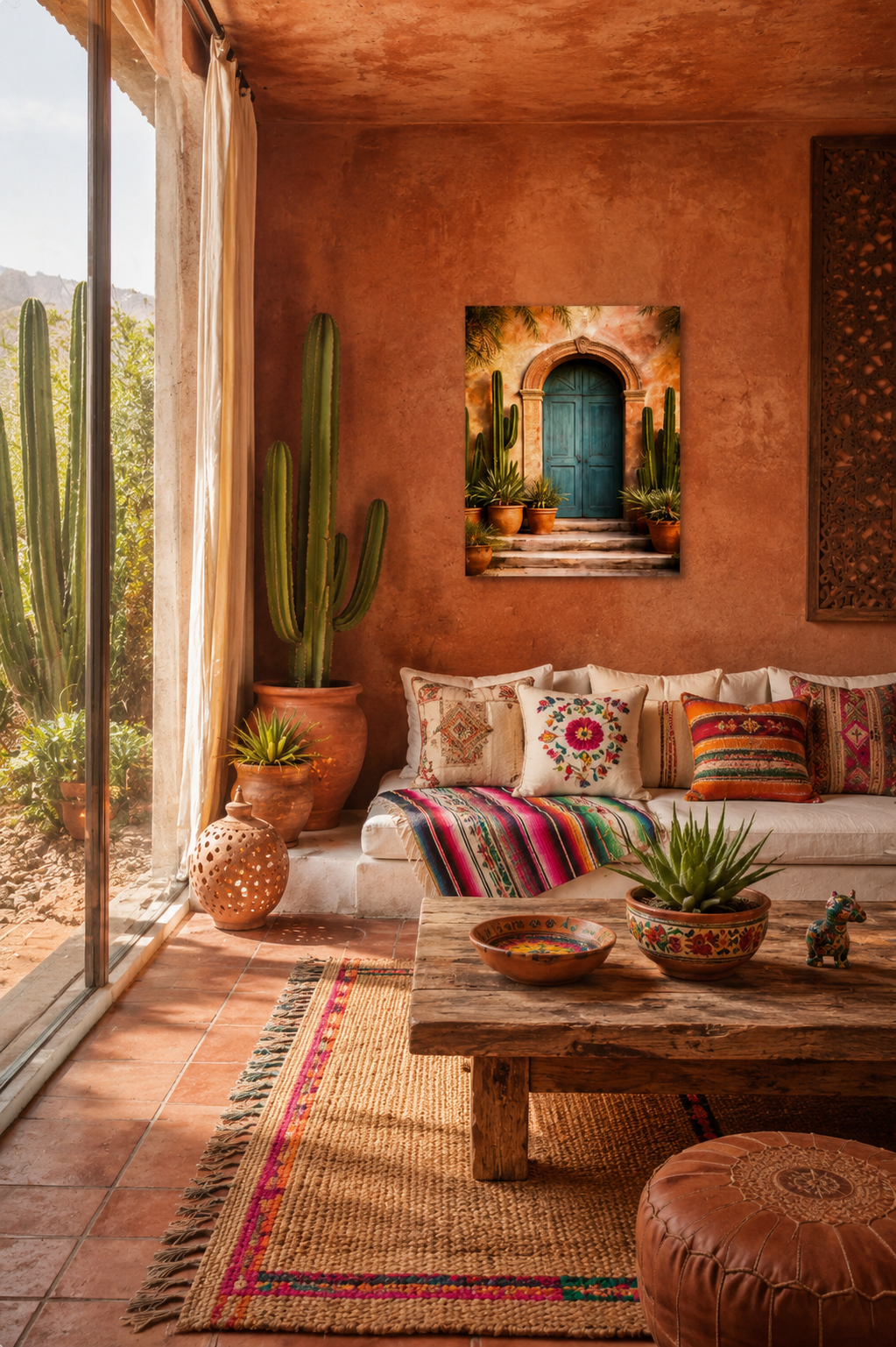 Warm Mexican inspired lounge interior with terracotta walls, striped rug, rustic coffee table and realistic canvas wall art.