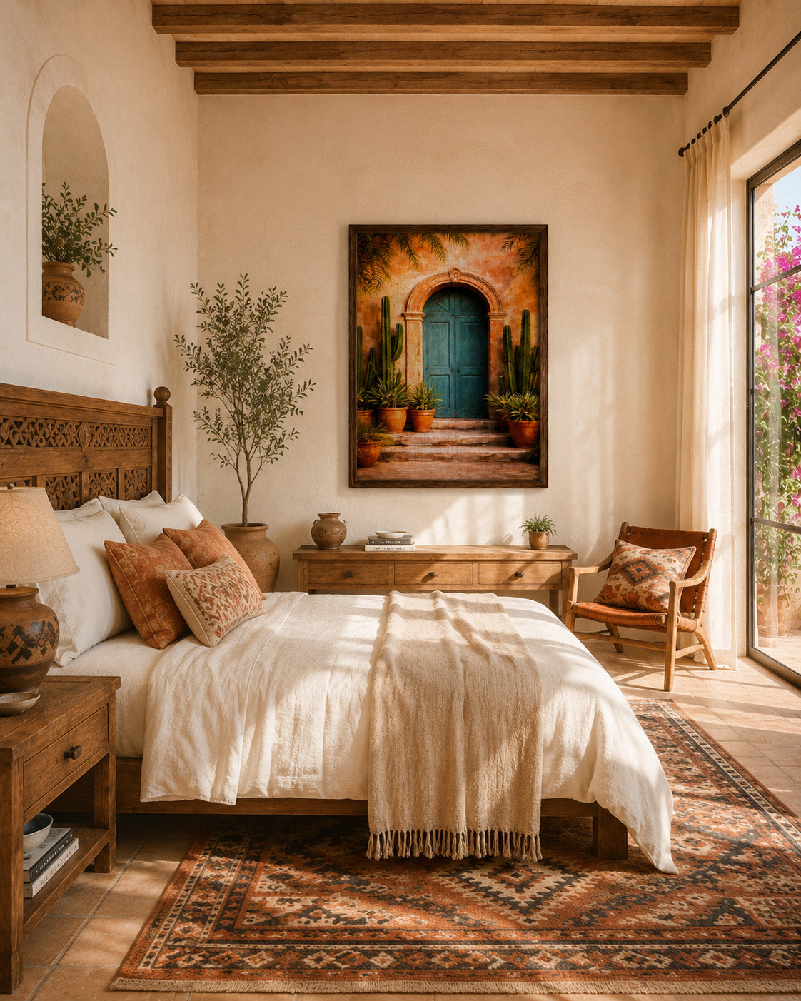Mexican turquoise door framed canvas displayed in a warm Mediterranean bedroom