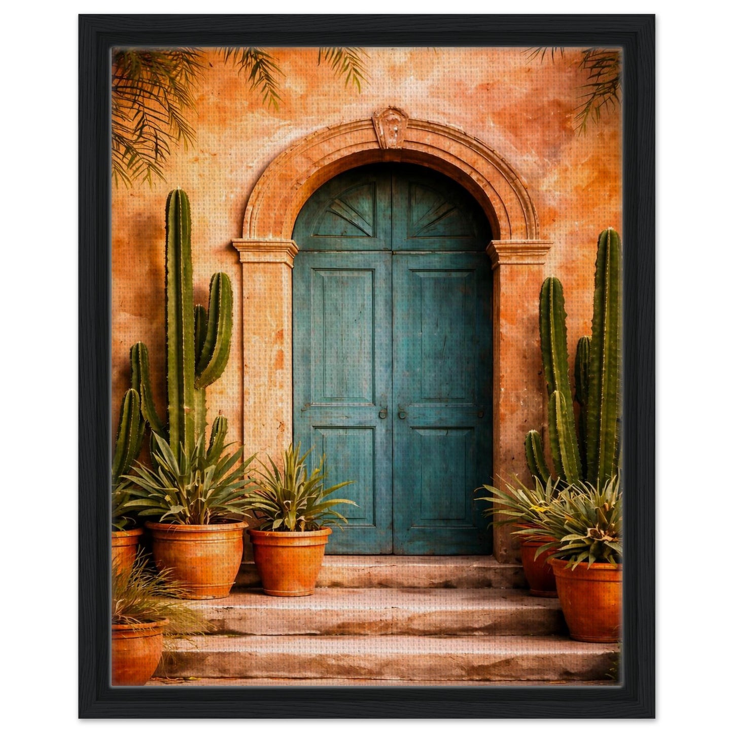 Mexican turquoise door canvas wall art in a modern black frame