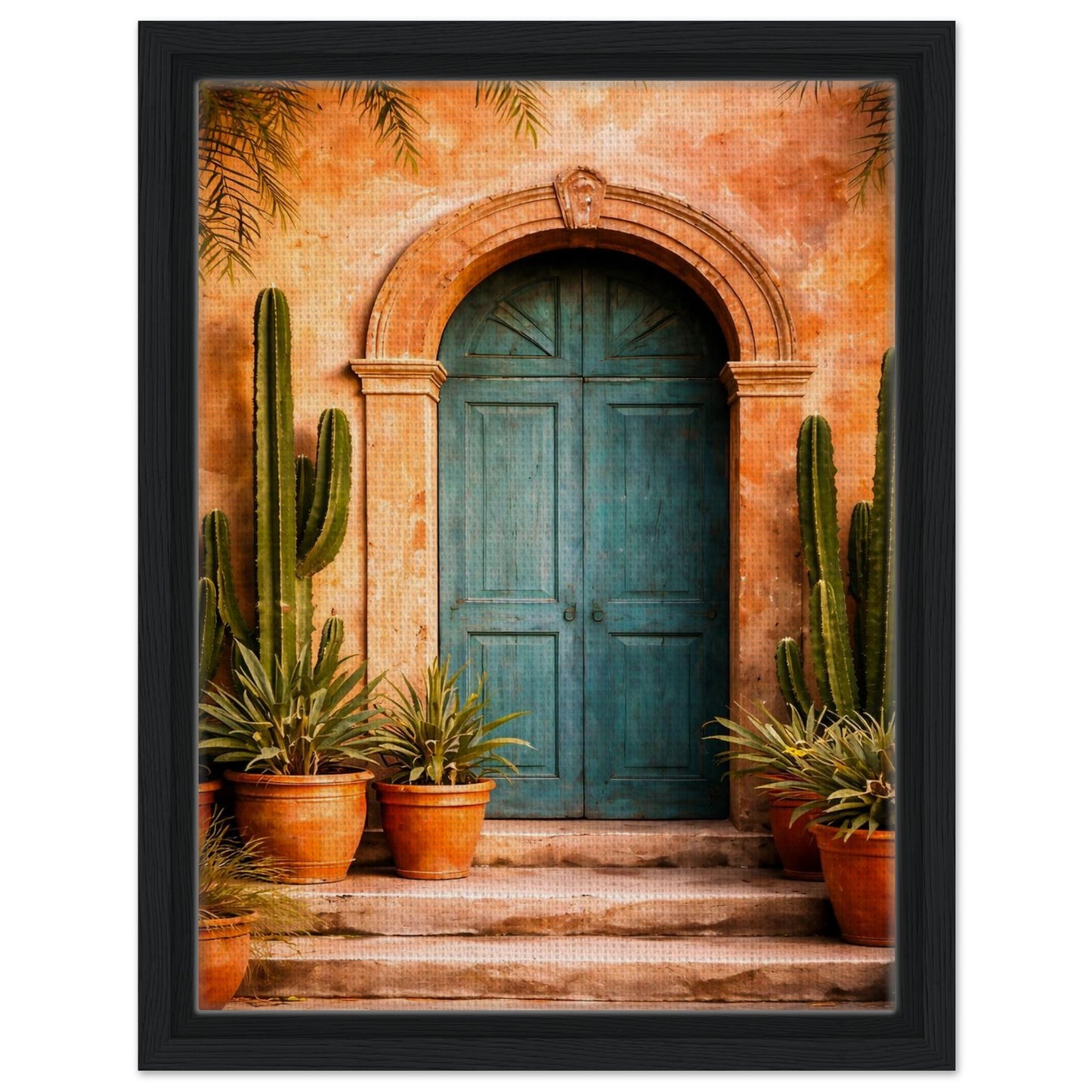 Mexican turquoise door canvas wall art with a charcoal black frame