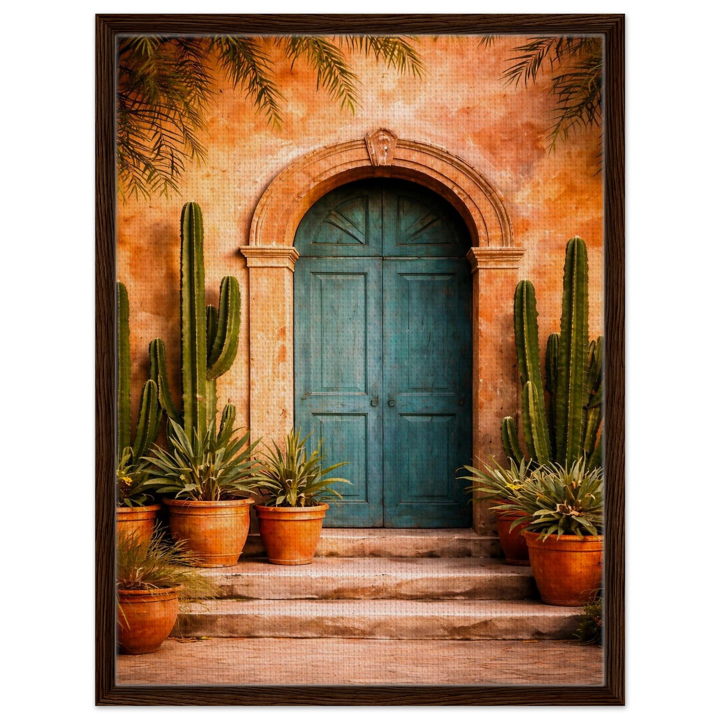 Mexican turquoise door canvas wall art with a dark brown wood frame