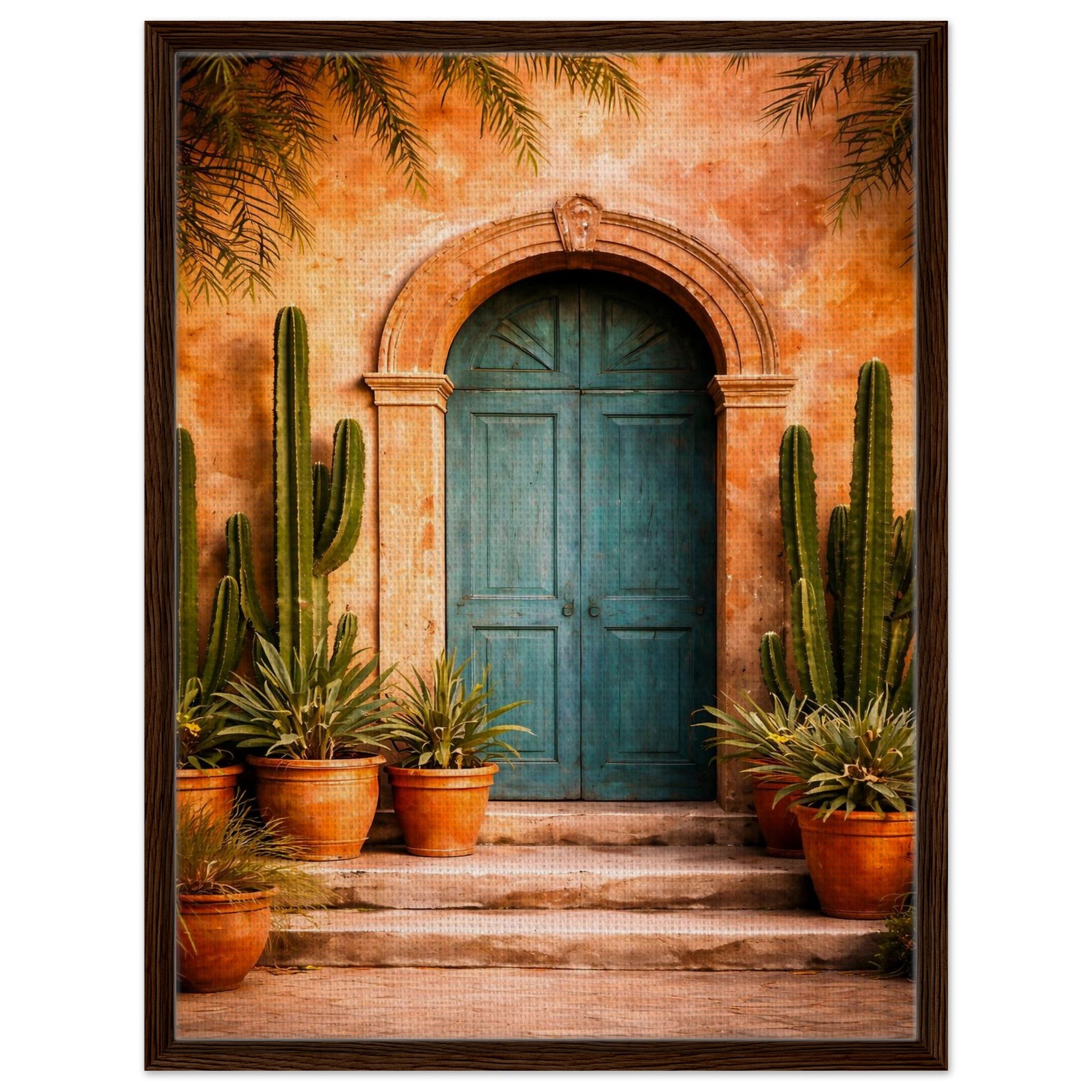 Mexican turquoise door canvas wall art with a dark brown wood frame