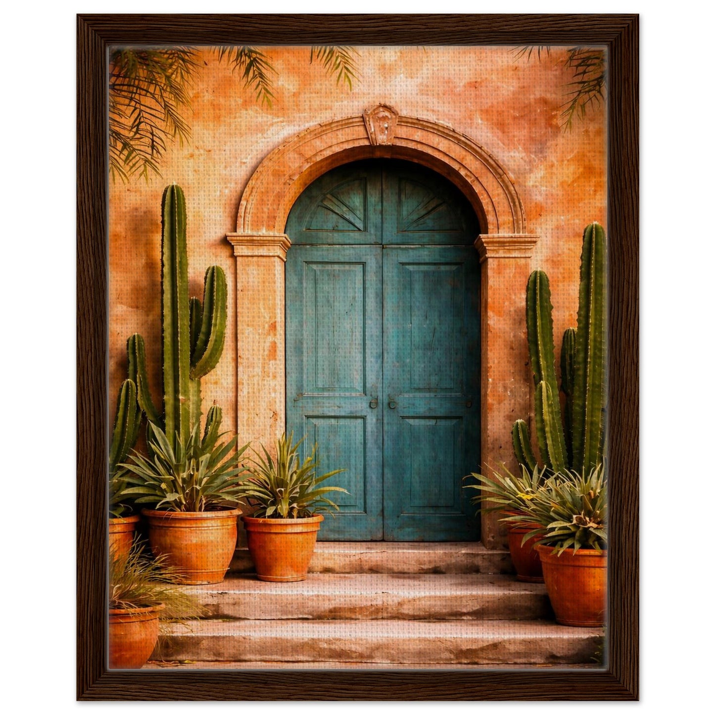 Mexican turquoise door canvas wall art in a dark wood frame