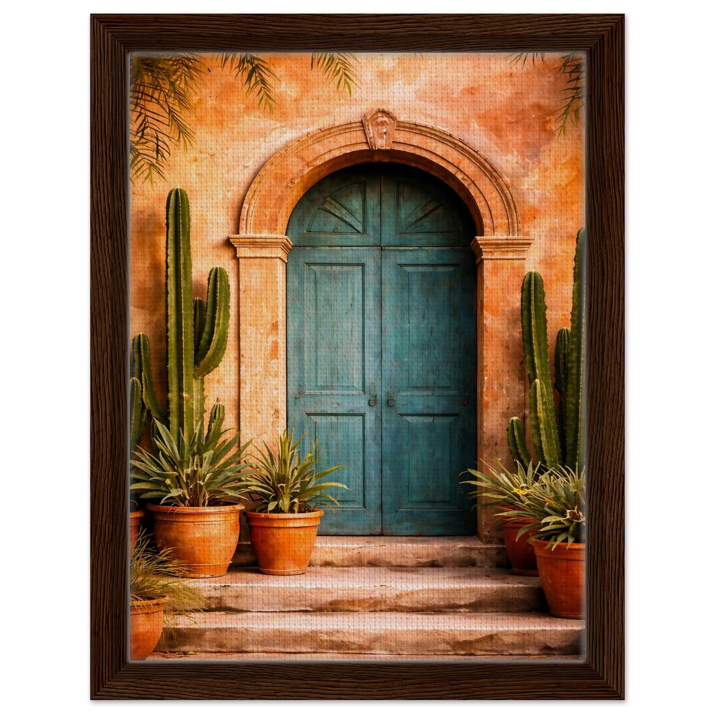 Mexican turquoise door framed canvas with a deep walnut wood frame