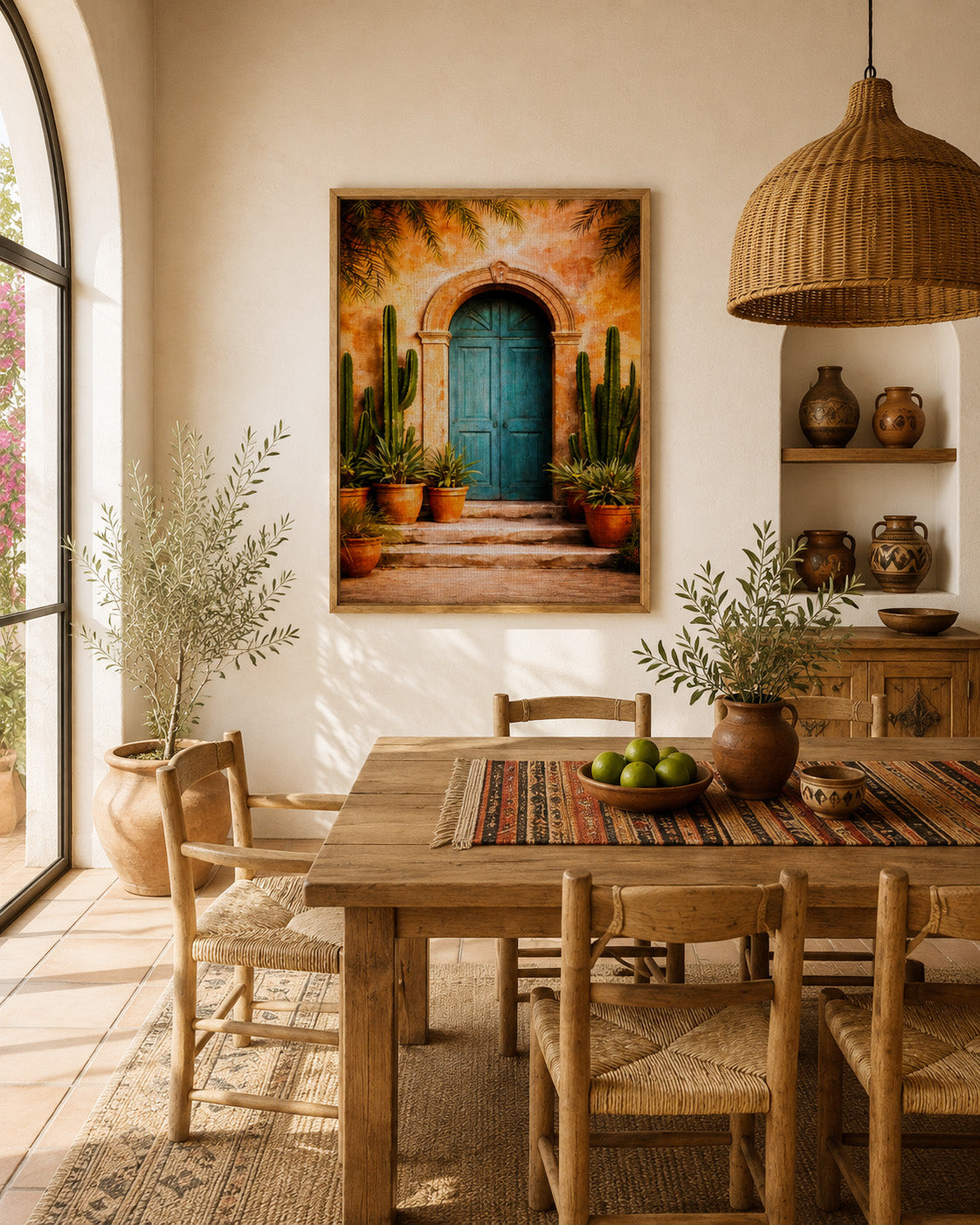 Mexican turquoise door framed canvas displayed in a warm Mediterranean dining room