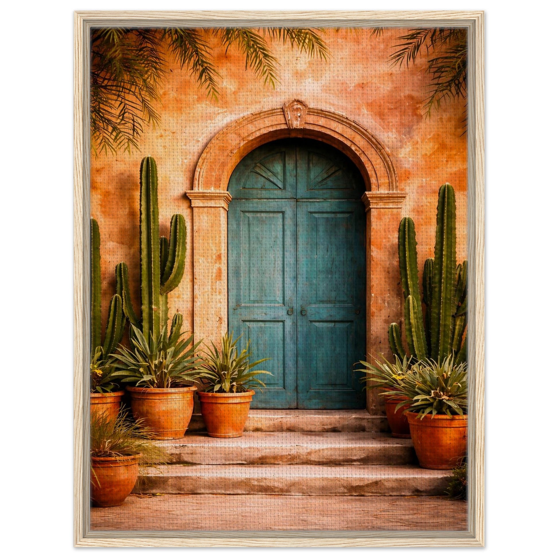 Mexican turquoise door framed canvas wall art with terracotta walls and cacti
